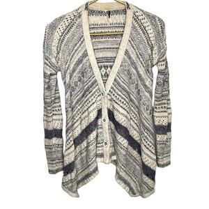 Free People Sweater Cardigan Striped Crochet Size XS Boho Hanky Hem Oat Blue